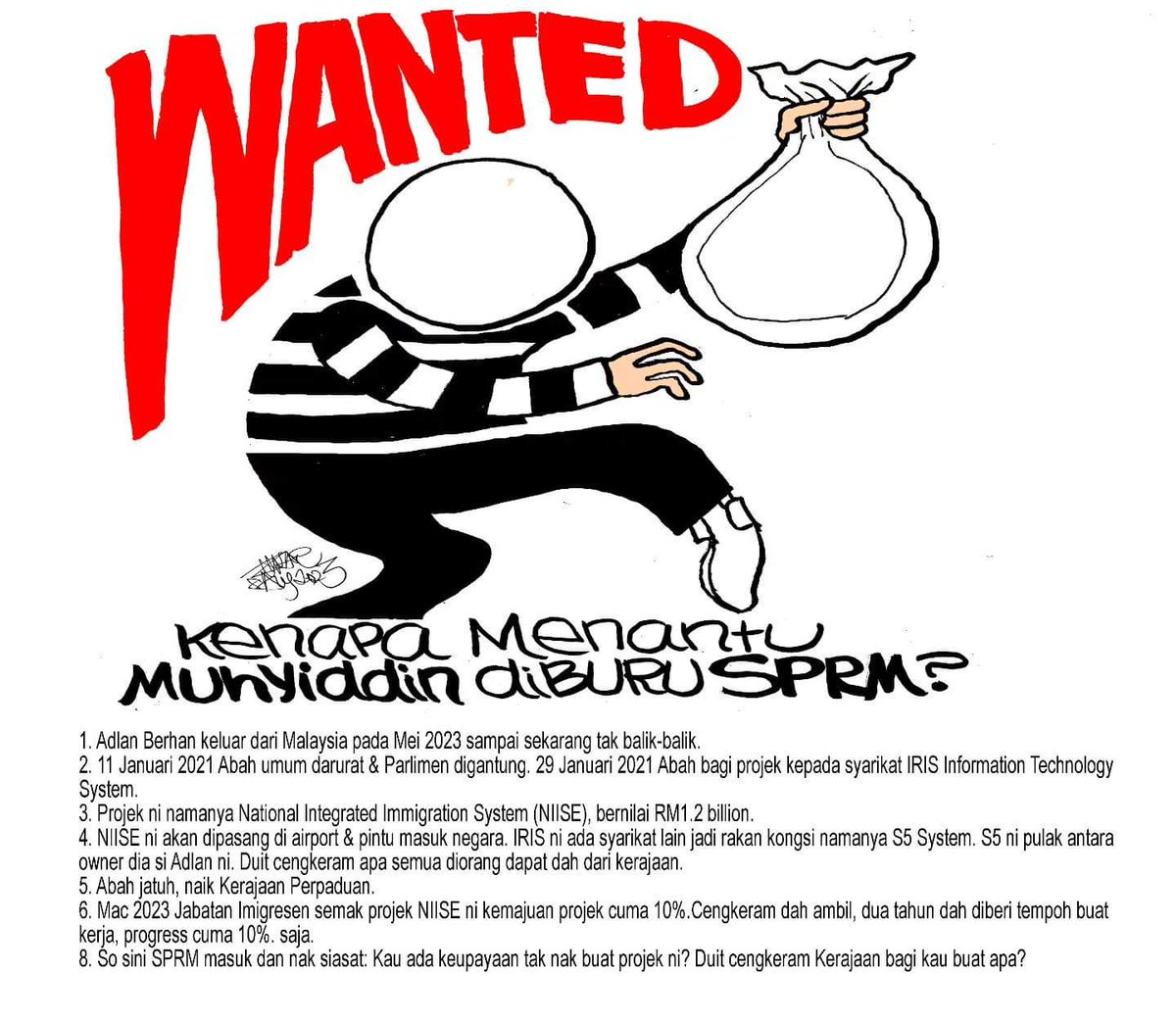 lady_bugg11's tweet photo. 1. Adlan Berhan keluar dari Malaysia pada Mei 2023 sampai sekarang tak balik-balik.

2. 11 Januari 2021 Abah umum darurat & Parlimen digantung. 29 Januari 2021 Abah bagi projek kepada syarikat IRIS Information Technology System.

3. Projek ni namanya National Integrated Immigration System (NIISE), bernilai RM1.2 billion.

4. NIISE ni akan dipasang di airport & pintu masuk negara. IRIS ni ada syarikat lain jadi rakan kongsi namanya S5 System. S5 ni pulak antara owner dia si Adlan ni. Duit cengkeram apa semua diorang dapat dah dari kerajaan.

5. Abah jatuh, naik Kerajaan Perpaduan.

6. Mac 2023 Jabatan Imigresen semak projek NIISE ni kemajuan projek cuma 10%.Cengkeram dah ambil, 2 tahun dah diberi tempoh buat kerja, progress cuma 10%.

7. 10% tu kiranya baru di peringkat admin je teknikal belum lagi.

8. So sini SPRM masuk.

✅Kau ada keupayaan tak nak buat projek ni?
✅Duit cengkeram Kerajaan bagi kau buat apa?

SPRM nak siasat benda ni dgn Adlan.
Tapi Adlan dah hilang cabut keluar Malaysia tak balik-balik.