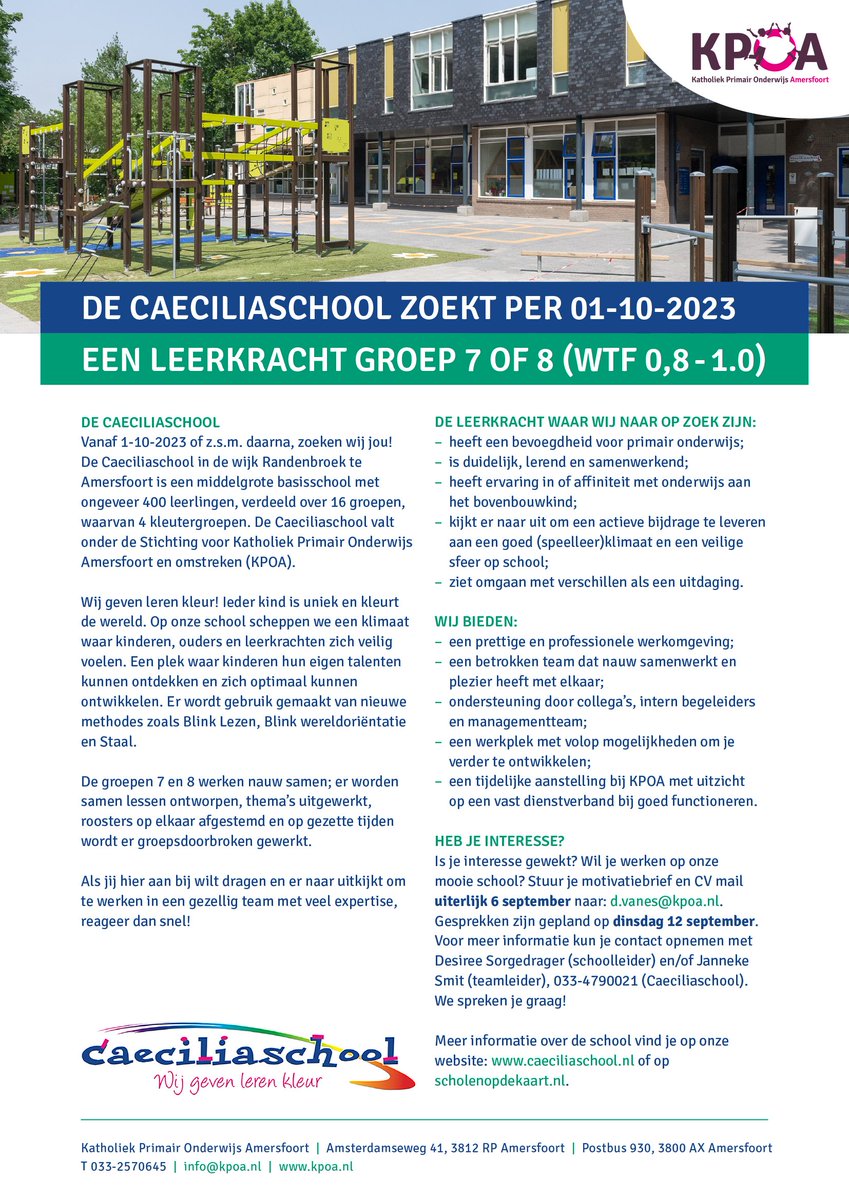 De Caecilaschool in Amersfoort is zoek naar een leerkracht voor groep 7 0f 8 (WTF 0,8-1,0)