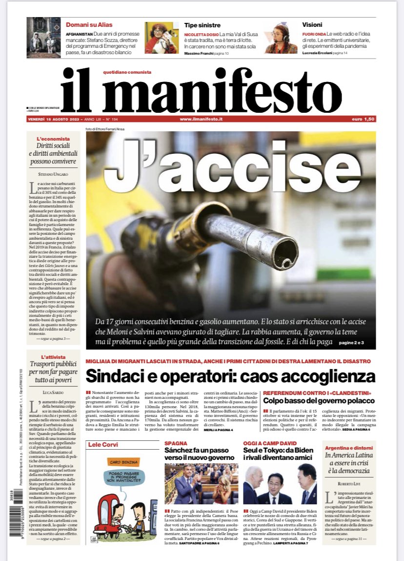 ilmanifesto's tweet photo. Da 17 giorni consecutivi benzina e gasolio aumentano. E lo stato si arricchisce con le accise che Meloni e Salvini avevano giurato di tagliare. La rabbia aumenta, il governo la teme ma il problema è quello più grande della transizione dal fossile. E di chi la paga
#ilmanifesto https://t.co/SngCNx1mLp