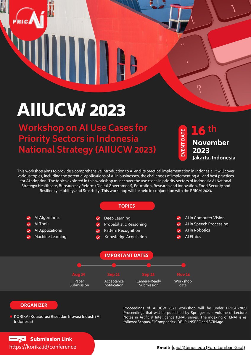 pricai2023's tweet photo. PRICAI-2023 Conference, Jakarta, Indonesia: Workshops on 16th November https://t.co/1mQIuJ4Jqo