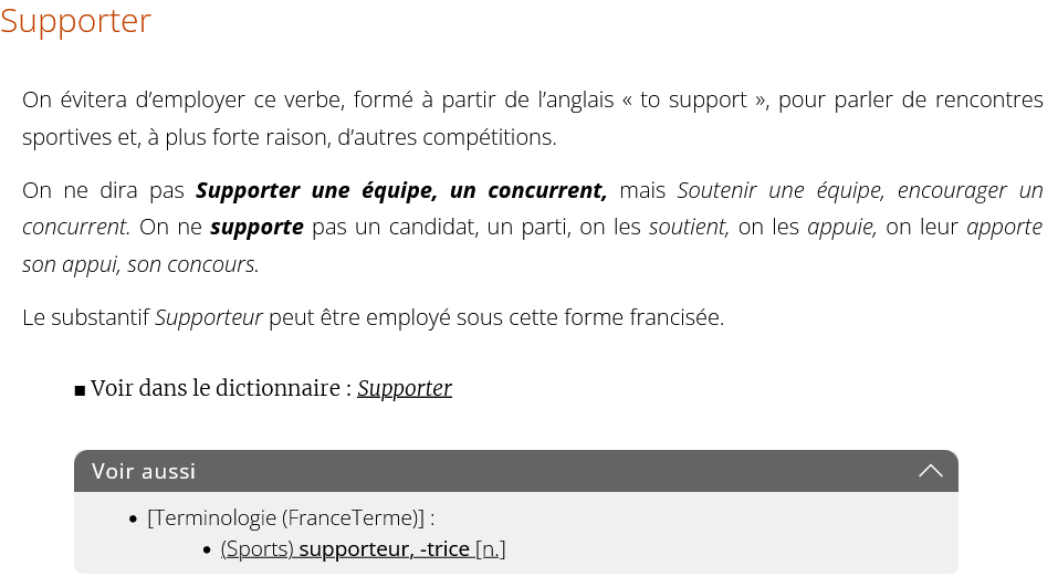 TractLinguistes's tweet photo. On entend régulièrement que le verbe "supporter" ne doit pas être employé dans le sens de "soutenir une équipe" parce que c'est un horrible anglicisme. Soit.
Recommandation ci-dessous pris sur le site de l'Académie française⤵️ https://t.co/YbzS2XTHKN