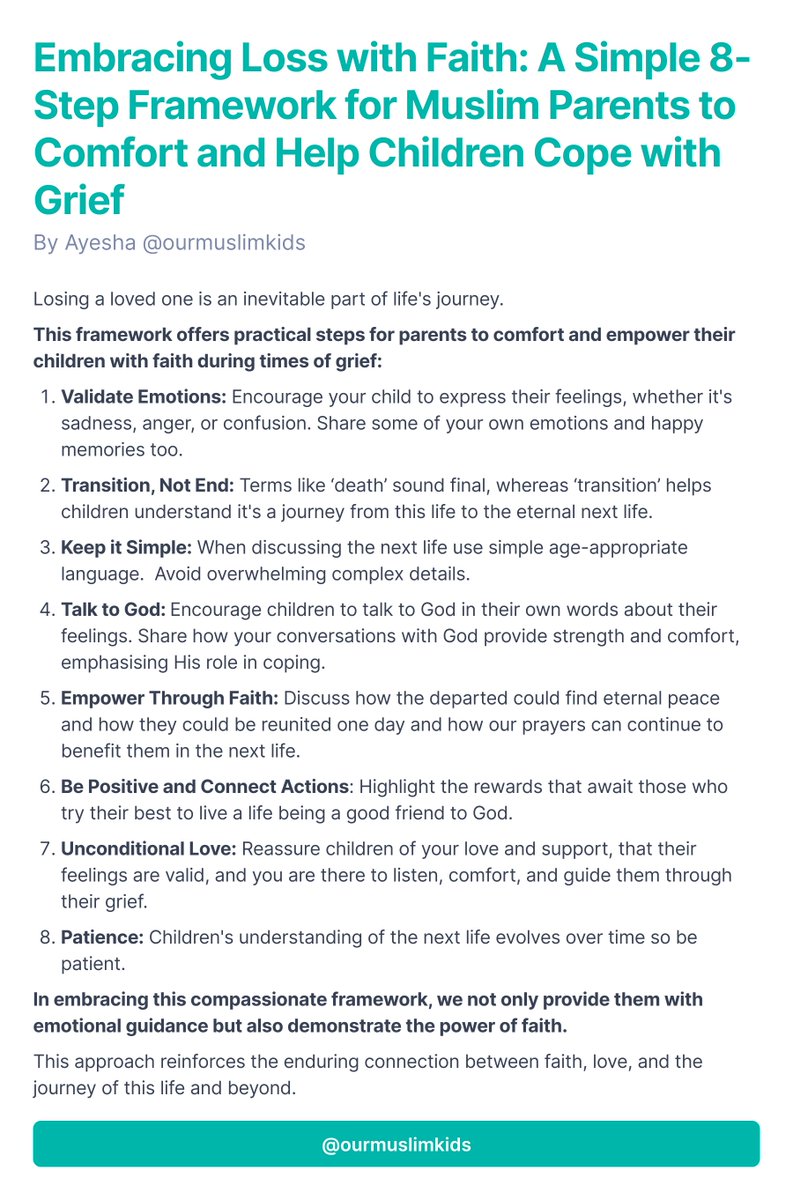 OurMuslimKids's tweet photo. Guiding Children Through Grief with Faith: A Framework for Muslim Parents

Discover an 8-step framework empowering Muslim parents to support their children through loss. 

Let's comfort, listen, and empower children as they navigate the path of loss. https://t.co/lc7qU8X5j7
