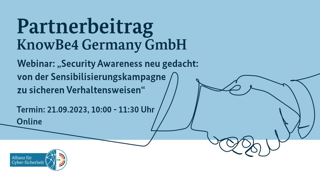Im Webinar der KnowBe4 GmbH vermittelt <a href="/markraemer/">Martin J. Kraemer</a> Know-how „von der Sensibilisierungskampagne zu sicheren Verhaltensweisen". Interessierte Teilnehmende der ACS dürfen exklusiv kostenfrei teilnehmen: allianz-fuer-cybersicherheit.de/dok/1093458 #digitalundsicher #DeutschlandDigitalSicherBSI