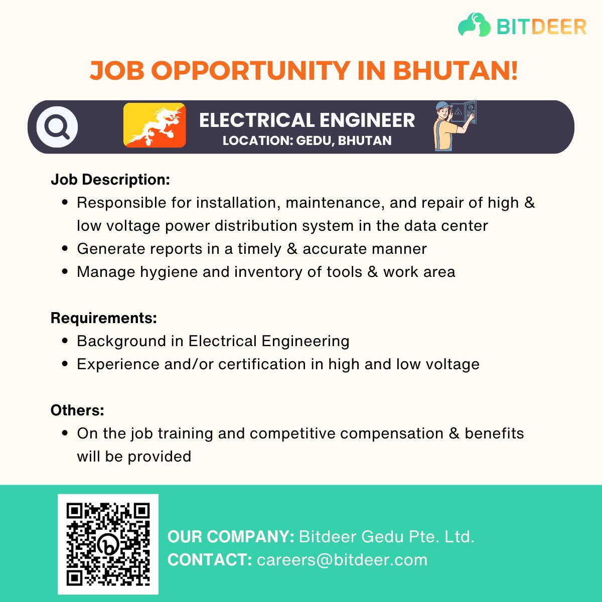 📢Our Bhutan team is growing! We're currently on the lookout for an Electrical Engineer with high voltage experience to power up our data center project. If you're passionate about #Engineering and #Blockchain, apply now here to join the Bitdeer family 👉linkedin.com/jobs/view/3676……