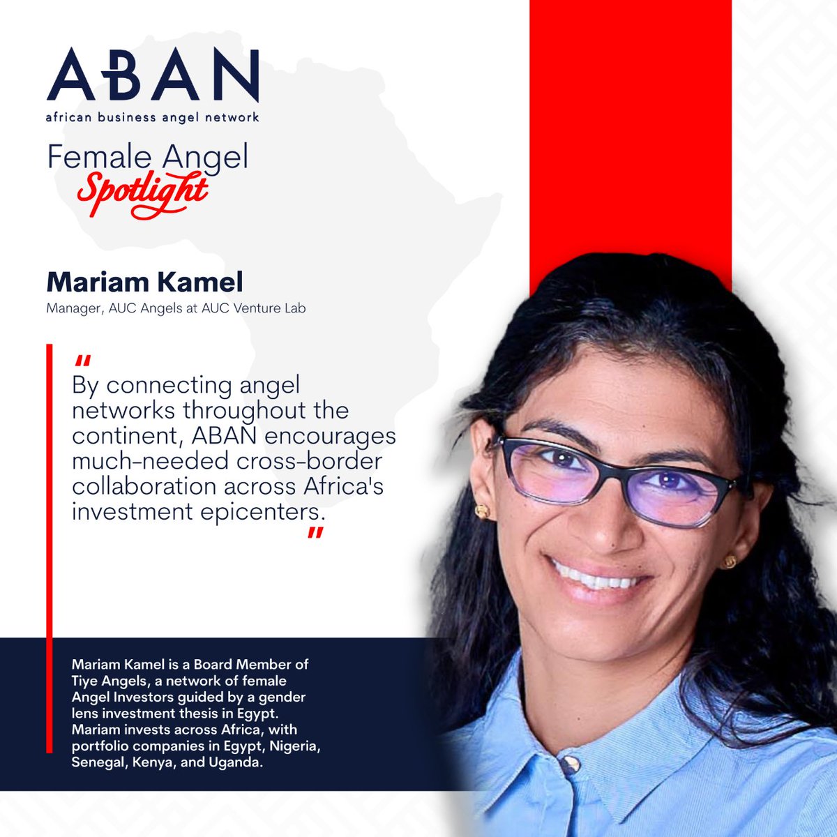 ABANAngels's tweet photo. The focus on gender balance as a strategic economic opportunity has risen around the world over the past two decades – now it is accompanying Africa’s rise. Today, we focus on Mariam Kamel as the #ABAN_FemaleTrailblazers of the day! Take a peek at her brief profile: https://t.co/b5gcv79Yqd