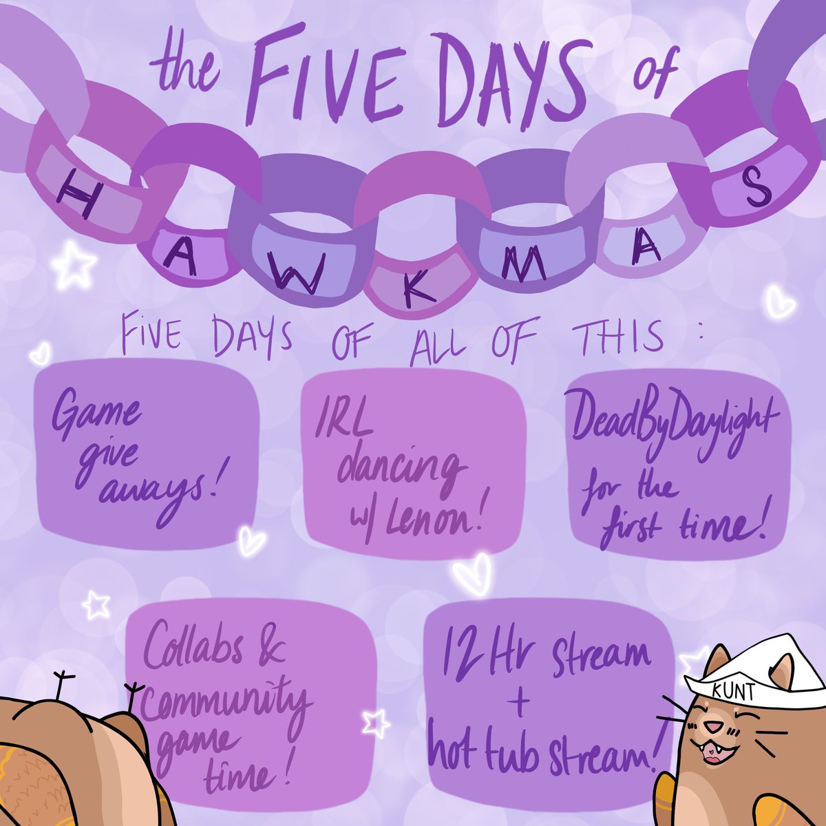 this is happenin next week! streamin monday thru friday (aus) and endin w a 12 hour stream! collabs (if you wanna collab btw hit me up ill see if i got space 👀) giveaways! A HOT TUB!!!!!! #dbd for the very first time! come thru and celebrate, merry hawkmas yall!