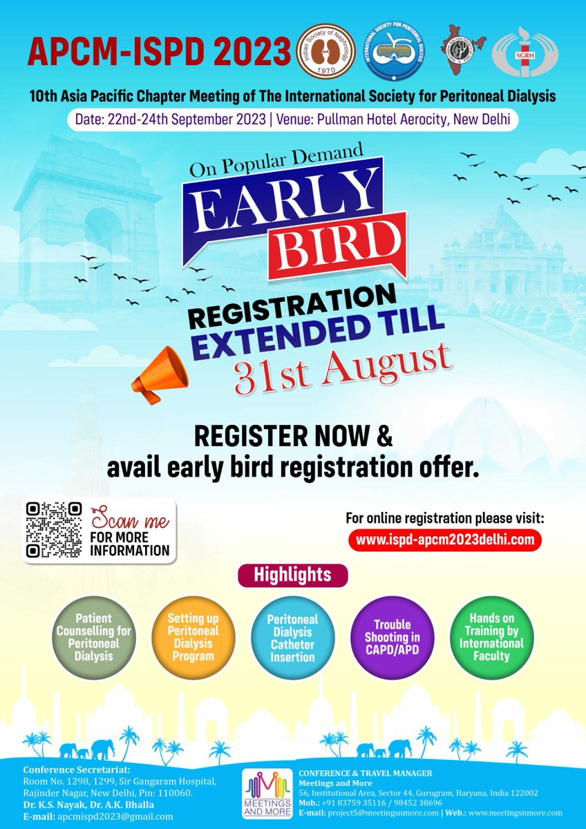 Register now @apcmispd2023 Early bird registration offer extended till 31st August 2023.

Click here to register: ispd-apcm2023delhi.com/registration.p…

#apcmispd2023 #conference #nephrology #kidney #peritonealdialysis