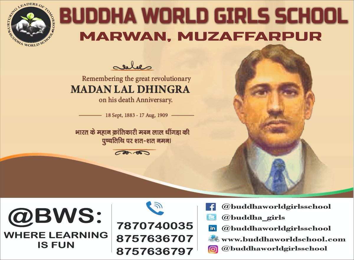 BWGS_Official's tweet photo. Remembering the great revolutionary Madan Lal Dhingra on his death anniversary. #MadanLalDhingra #dhingra #freedomfighter #revolutionary #deathAnniversary #bws #wherelearningisfun @sarikamalhotra2 @Krish_Vaishali @AnitaSi80209274 @AntaripaRoykar1 @Ranjeet10669766 @RekhaRay16 https://t.co/q4QF1fzyVA