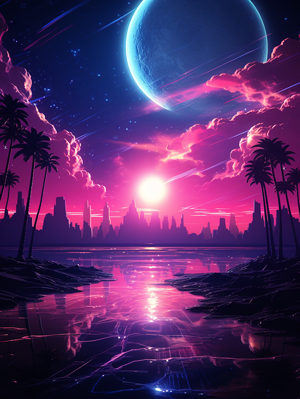 𝙇𝙪𝙣𝙖𝙧 𝙇𝙖𝙜𝙤𝙤𝙣: Colors of Midnight Paradise 🎨 Artwork by AI / Prompt by @ArtDixel 🎮 #landscape #lagoon #synthwavecolors #synthwave #wallpaper #retrosynthwave #dixelart