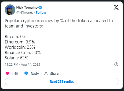 hiro_hive's tweet photo. For @NTmoney: Hive's Answer to Crypto's Centralization Concerns

In a world where decentralization is no longer a buzzword but a reality we ardently seek, the percentage of tokens allocated to a team or investors becomes a vital metric. This metric, subtle yet potent, can influence a blockchain's trajectory, impacting its decentralization, security, and trustworthiness.

Consider the following allocations in some of the most popular #cryptocurrency:
Bitcoin: 0% 
Ethereum: 9.9% 
Worldcoin: 25% 
Binance Coin: 50% 
Solana: 62%
Hive: 0%

It's evident from the table above that as the percentage rises, so does the possibility of centralization. But numbers only tell half the story. Behind the facade of statistics and allocations lie narratives of resilience, determination, and community spirit.

I recall the time when our community confronted a hostile takeover. Amidst adversity and potential collapse, no entity, regardless of its influence or might, managed to assert dominance over our community. It was the spirit of decentralization that saved the day.

Now, why is this crucial? It’s not merely about defeating adversarial threats but establishing that in an environment untouched by the heavy hands of investors and internal teams, a community can flourish, innovate, and self-govern.
Now, you might be curious about the platform that carries such attributes. This is where Hive enters the conversation.

#Hive: A blockchain that takes pride in its zero allocations to any venture capitalist, team, or investors. Its foundation isn't built on capital but on genuine community contributions, making it a paragon of what a decentralized platform should represent.

Nick, like many others, you are a thought leader in the crypto domain. It would be a missed opportunity if you weren't acquainted with Hive's philosophy and infrastructure. Beyond the familiar terrains of Bitcoin and Ethereum, Hive offers a testament to the power of true decentralization.

In Conclusion: While the #crypto world progresses with dazzling innovations, it is essential to take a moment and reflect on what decentralization truly means. Is it just a term we use to market a new project, or does it signify a philosophy we strive to achieve? I invite you, Nick, and every curious mind, to explore @hiveblocks  – not just as another #blockchain but as a testament to the decentralized ethos.