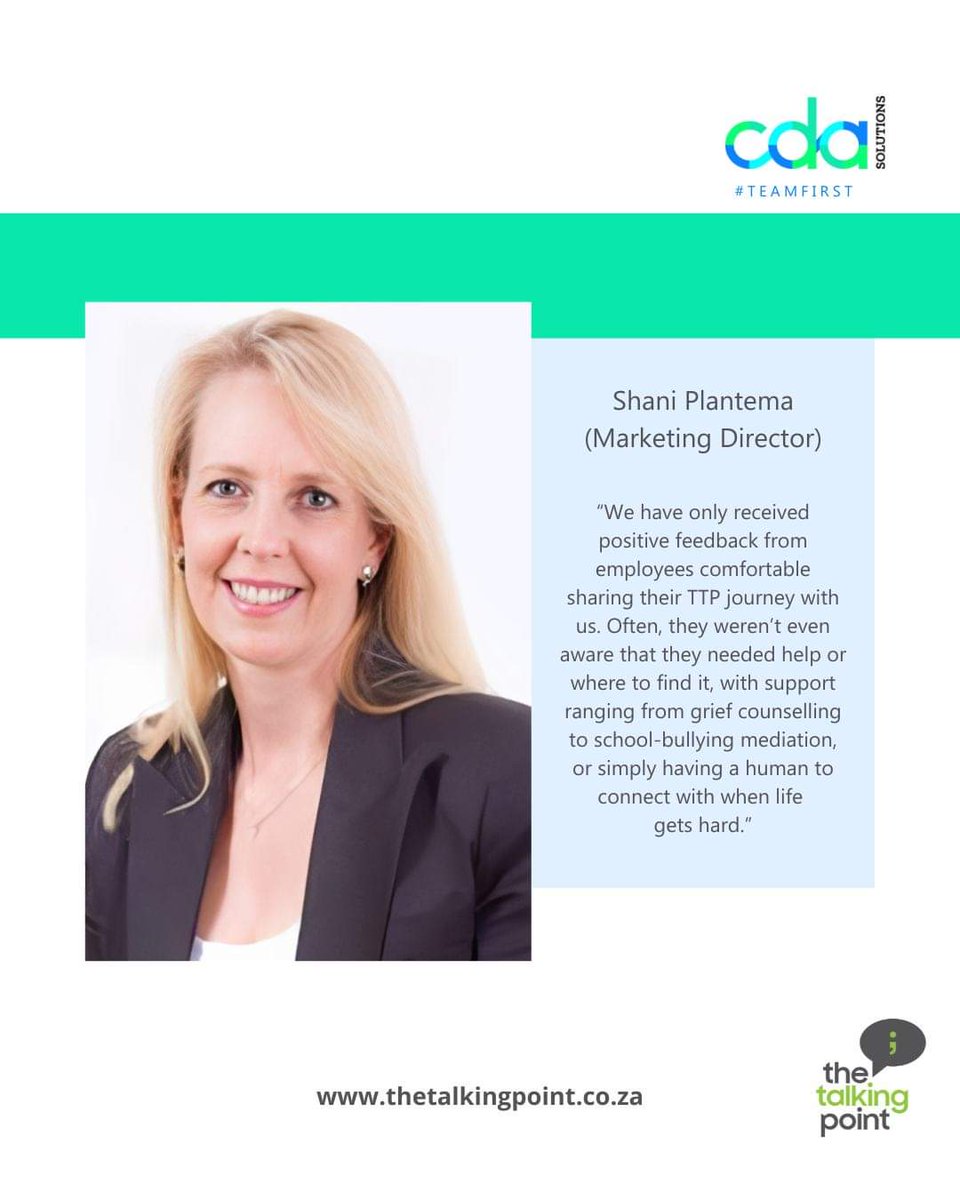 talkingpoint_za's tweet photo. These phenomenal women at CDA Solutions  share with us the impact The Talking Point has had on their mental wellbeing both at work and at home.

Scroll to read these testimonials 👇👇👇

#letstalk #thetalkingpoint #employeewellness #encouragewomen #womensupport #neverstoptalking https://t.co/yVHgJSHnE2