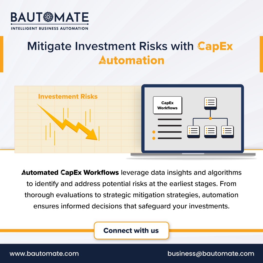 Bautomate_BPA's tweet photo. Mitigate investments risk with CapEx automation. Automated capital expenditure workflows harness the power of data insights and advanced algorithms to proactively identify and tackle potential risks in their initial stages. https://t.co/VhxLHcp0d1
#CapExautomation #Bautomate https://t.co/Jcy5vVOoiH