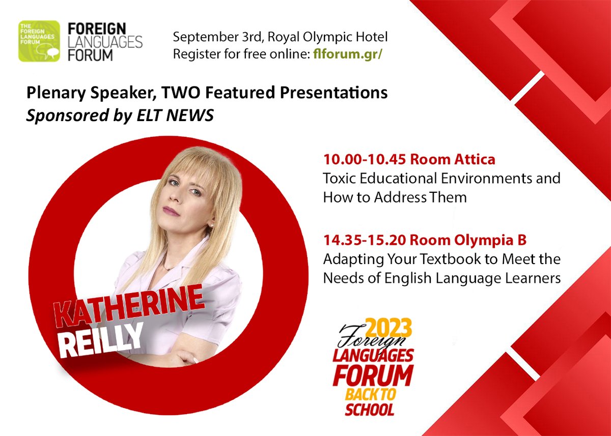 PLENARY Speaker - TWO Featured Presentations. See you at the most prominent Teacher's Convention in Greece at the Royal Olympic Hotel. Don't forget to register for free at flforum.gr