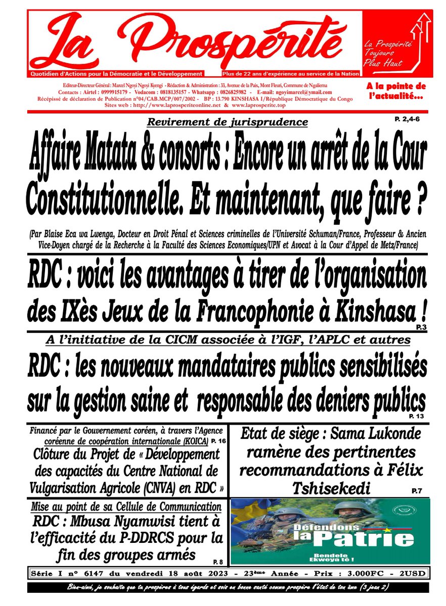 official_lapros's tweet photo. 🗞️ La Une du Jour (Edition du Vendredi 19 août 2023) https://t.co/wej5sF5n5N