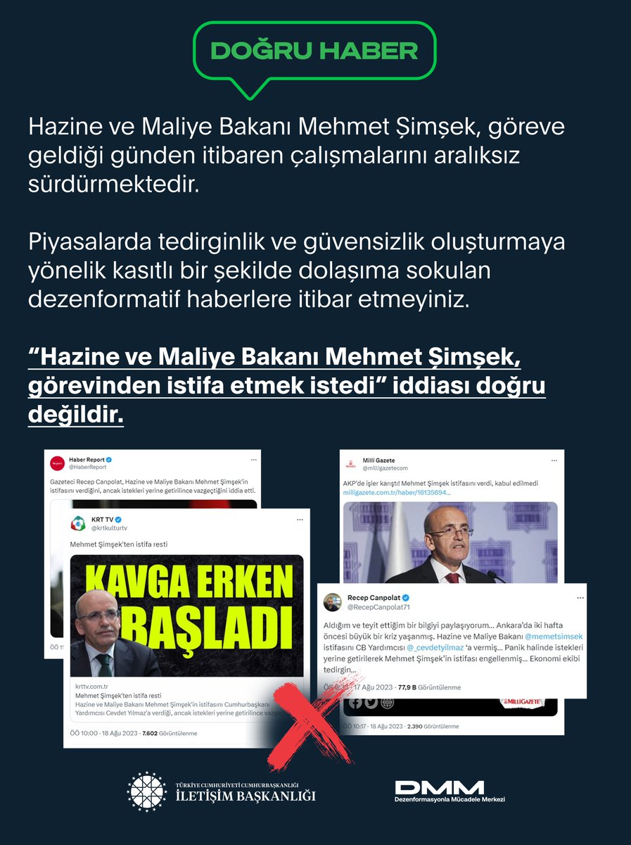 “Hazine ve Maliye Bakanı Mehmet Şimşek, görevinden istifa etmek istedi” iddiası doğru değildir.

Piyasalarda tedirginlik ve güvensizlik oluşturmaya yönelik kasıtlı bir şekilde dolaşıma sokulan dezenformatif haberlere itibar etmeyiniz.⬇️
