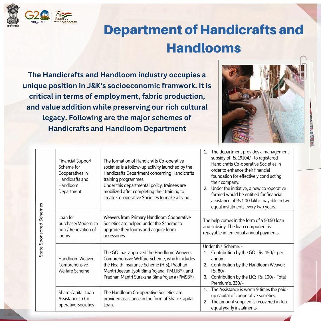 State Sponsered Schemes of Handicrafts & Handlooms Department of J&K that aims to help the people associated with this sector with financial assistance in terms of subsidy and loan at very marginal interest rates. #YouthEmpowermentJK