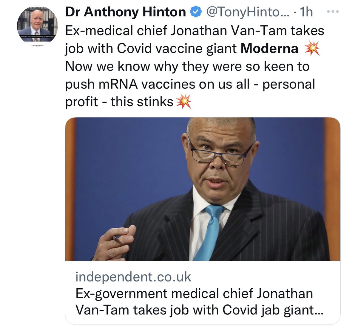 13orangesbc's tweet photo. MODERNA: ex-U.K. government medical chief who pushed EXPERIMENTAL Moderna gene 💉💉💉 on millions of Brits joins Moderna on likely $5-10m/year

Same company Sunak has $500m to $1bn exposure to...

Big Pharma = magic money tree for politicians &amp; health authorities

@TonyHinton2016 https://t.co/2sOkSVNlEG