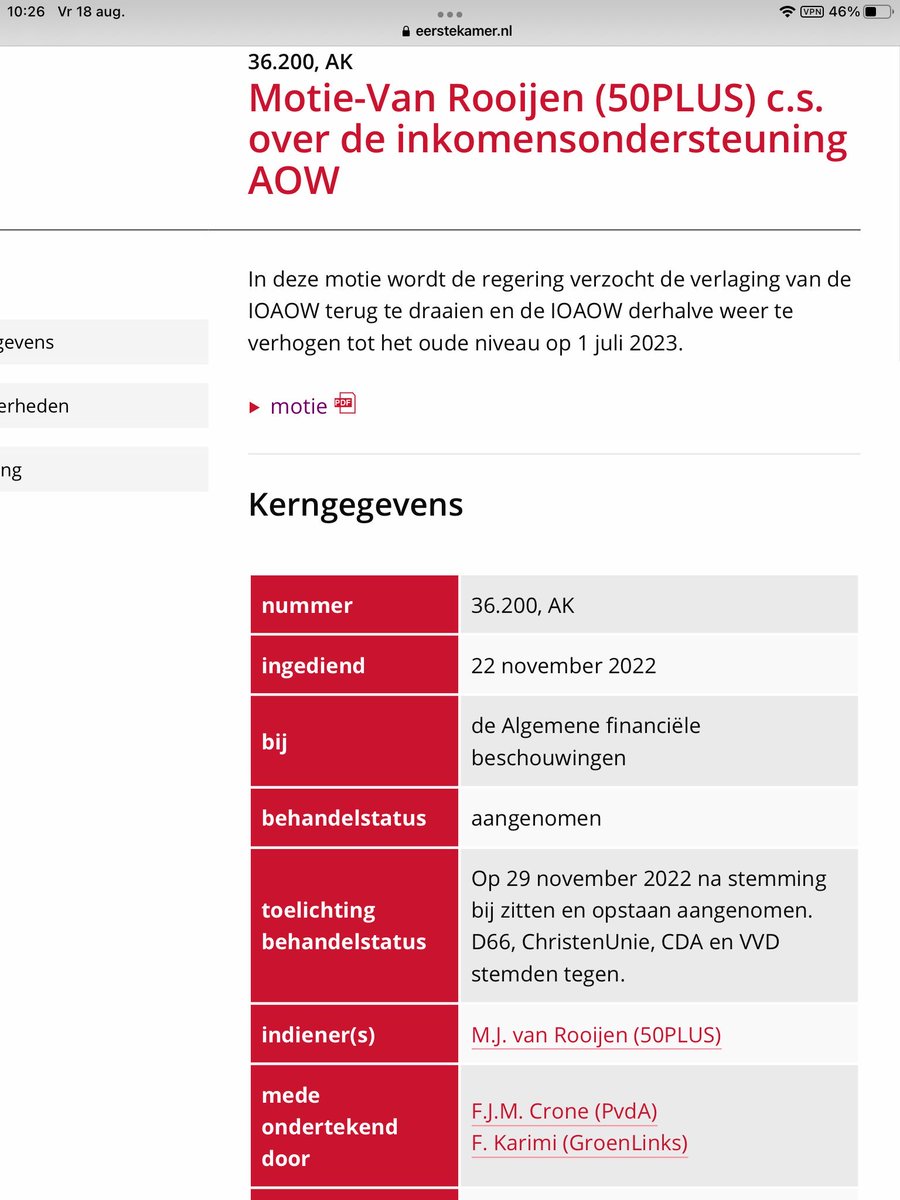 MvRooijen's tweet photo. .@NOS Aangenomen Motie van Rooijen over verhoging #InkomensondersteuningAOW-#IOAOW-van €5 naar €28 per mnd
Ministers Schouten en Van Gennip moeten deze motie uitvoeren omdat deze verhoging van €280 alleen geldt voor 2024 en koopkracht iets verbetert.
Is TIJDELIJKE maatregel. https://t.co/0iMS1L9hud