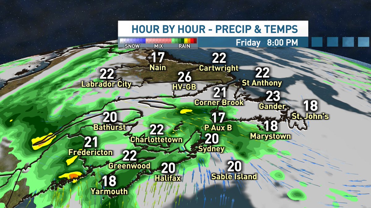 Wave 1 of heavy rain sweeps through S NB, NS and PEI today. Wave 2 brings more rain to all tonight. Heavy rain is expected with totals ranging from 25-50 mm from now until tomorrow AM. Thunderstorms are in the forecast bringing locally higher amounts. #nsstorm #nbstorm <a href="/peistorm/">peistorm</a>