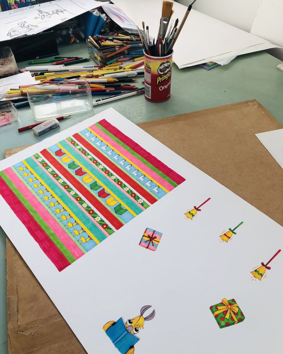 MrMattCosgrove's tweet image. Hand-painted and drawn with love! The #endpaper illustration for Dharma the Christmas #Llama, my latest book. Out October 1st. @ScholasticAUS