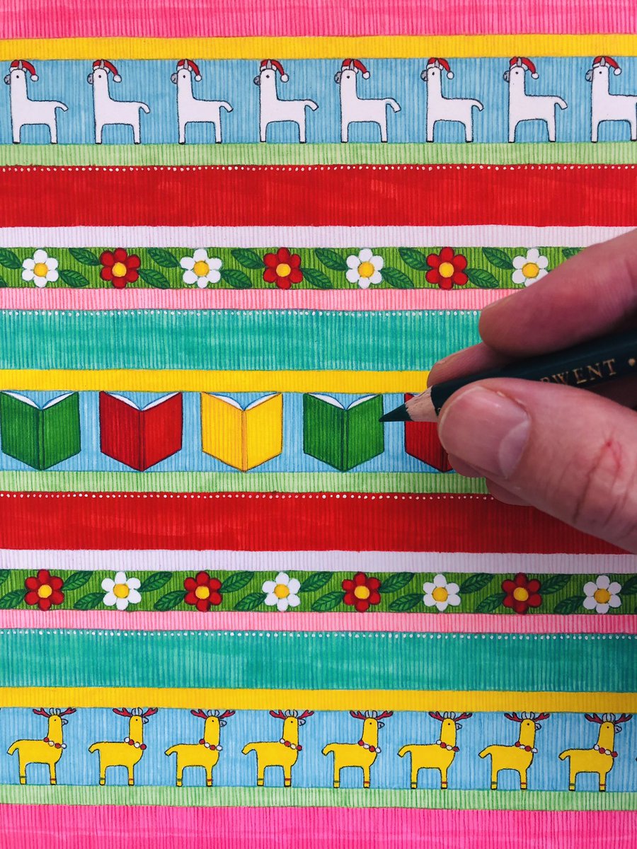 MrMattCosgrove's tweet image. Hand-painted and drawn with love! The #endpaper illustration for Dharma the Christmas #Llama, my latest book. Out October 1st. @ScholasticAUS