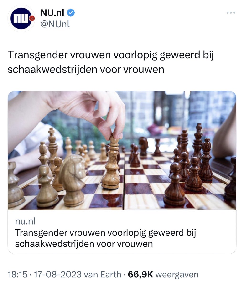 1. waarom was hier überhaupt een scheiding tussen mannen en vrouwen?

2. wat impliceert deze regel eigenlijk? dat transgender vrouwen eigenlijk mannen zijn? en dat mannen slimmer zijn dan vrouwen en daarom niet in het vrouwenklassement mogen schaken?