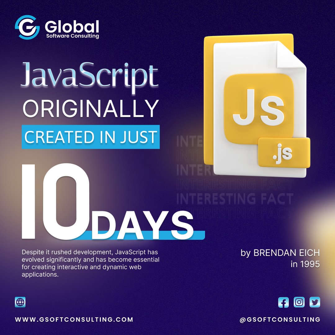 gsoftconsultng's tweet photo. JavaScript, created by #BrendanEich in just 10 days in 1995 at Netscape Communications, quickly evolved from its initial versions named "#Mocha" and "LiveScript".
Its continuous evolution led to its relevance in various applications through #technologies like #Nodejs. https://t.co/1ev8boNIWR