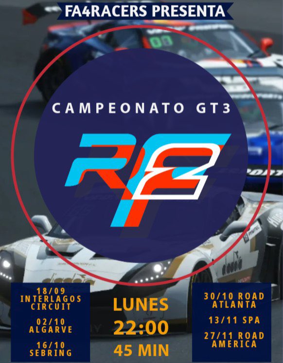 FA4RACERS's tweet photo. ¡Iniciamos campeonato GT3 en rFactor2! Apuntante con nosotros a través de nuestro Discord, de manera totalmente gratuita. Nuestros únicos requisitos son la limpieza y el compromiso.

https://t.co/INAqNHUbJE https://t.co/S63vC4AgtL