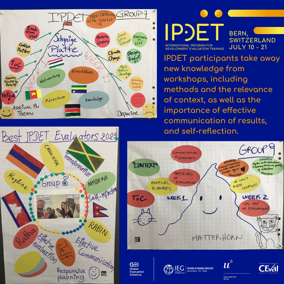 IPDET_community's tweet photo. Participants take away from their #IPDET2023 On-Site experience: knowledge, including methods and the relevance of context, as well as the importance of effective communication of results &amp; self-reflection

Recap of the IPDET 2023 On-Site program: https://t.co/PENBugjxwY https://t.co/nODmqeTopu