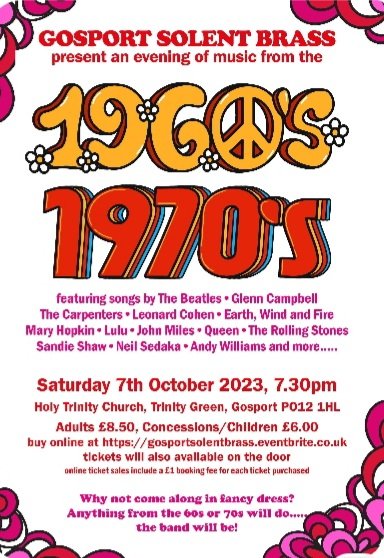 Are you a fan of proper chart music from the 60s &amp; 70s? Then join us on Saturday 7th October at Holy Trinity Church, Gosport at 7.30pm. Come rock your 60s &amp; 70s vibe. Fancy dress is optional! Tickets available here: tinyurl.com/y8baawt9