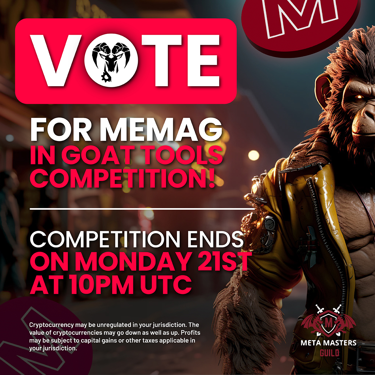 MEMAGgames's tweet photo. We have joined the comp for a #SpaceX billboard from #GoatTools!๐
Vote @GOAT_Tools on Telegram for #MEMAG!
Votes only count from GOAT_Tool's TG members; Botting will get you disqualified๐ข
Comp ends at 10 pm UTC Monday 21st Aug! Goodluck #MEMAGFAM!๐ฅ
https://t.co/NB6zzFGwWu https://t.co/pwMdtx946K