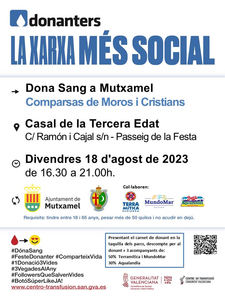 Dona sang en #Mutxamel
📆 Divendres #18agost

El consum diari de sang en els hospitals valencians necessita la col·laboració de 650 donants cada dia. 👉Si tens més de 18 anys, peses més de 50kg i gaudeixes de bona salut, pots ser una d'eixes persones que necessitem.