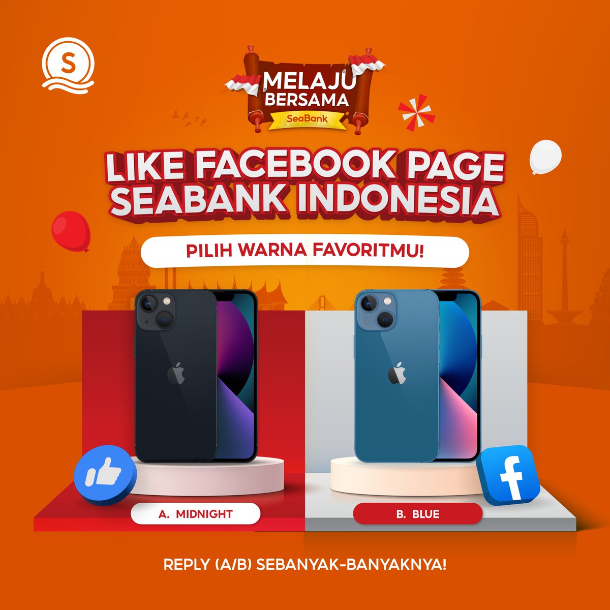 SeaBankID's tweet photo. 🥰PILIH WARNA DAN BAWA PULANG HADIAHMU😍

Ada pilihan IPHONE 13 yang spesial buat kamu kalo kamu udah LIKE Facebook Page https://t.co/AQg06Sg35N
1. MIDNIGHT BLACK
2. BLUE

Tunggu apa lagi? REPLY (A/B) sebanyak-banyaknya!! https://t.co/AhVklfhnPH