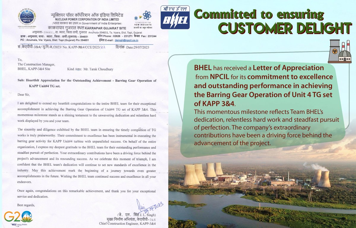BHEL_India's tweet photo. #BHEL has received a Letter of Appreciation from NPCIL for its commitment to excellence and outstanding performance in achieving the Barring Gear Operation of Unit 4 TG set of KAPP 3&4.
#BHELIndia #customerdelight #customersatisfaction #bhelemployees #nationbuilding https://t.co/xQZTyZX7Da
