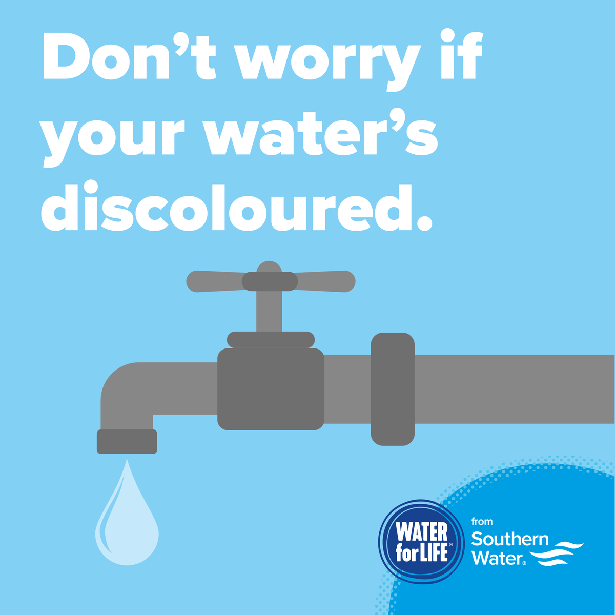 SouthernWater's tweet photo. If you live in #SO51, you may notice discolouration to your water. We're carrying out urgent repairs nearby.
Don't worry, run it to clear, and then it's fine to use as normal.
Weโre sorry for any disruption. https://t.co/nQwX69l4Ba