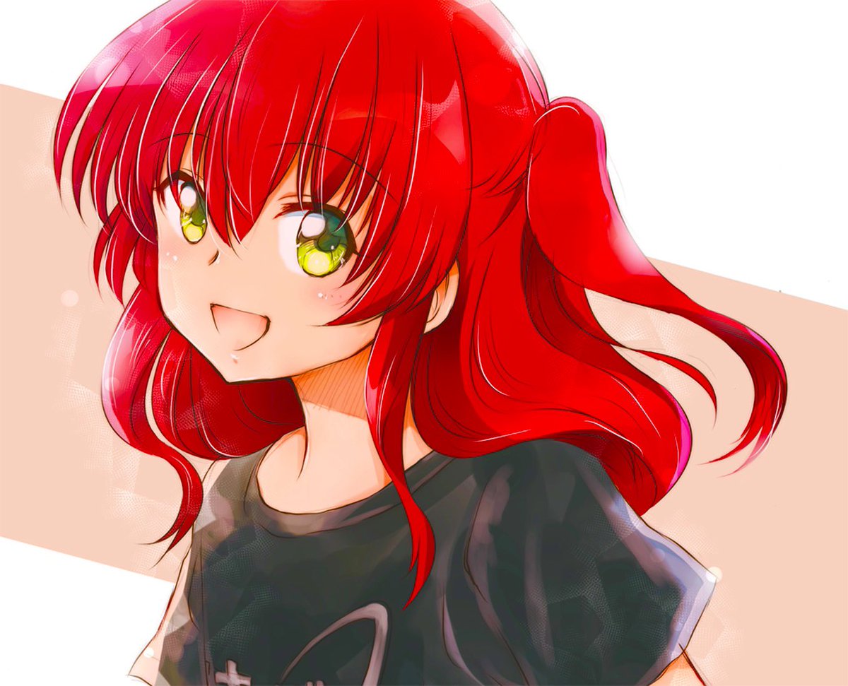 1girl red hair solo shirt smile green eyes open mouth  illustration images