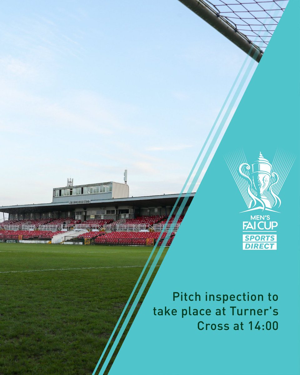FAIreland's tweet photo. A pitch inspection will take place at Turner's Cross at 14:00 today ahead of Cork City v Waterford due to the Status Yellow Weather Warning from @MetEireann
We will issue any further communication in due course ahead of the Sports Direct Men's FAI Cup clash.
#FAICup | #CORWAT https://t.co/pkbqv4k2p7