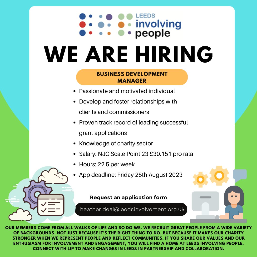 🤩 JOB VACANCIES 🤩
Project Support Worker - 37 hours p/w - £22,500 p/y. Closing date: Friday 1st Sept.
Business Development Manager - 22.5 hours p/w - £30,151-£32,020 p/y (pro rata). Closing date: Friday 25th Aug.
Info here: leedsinvolvingpeople.org.uk/get.../work-fo… 🥳
#jobs #vacancies #leedsjobs