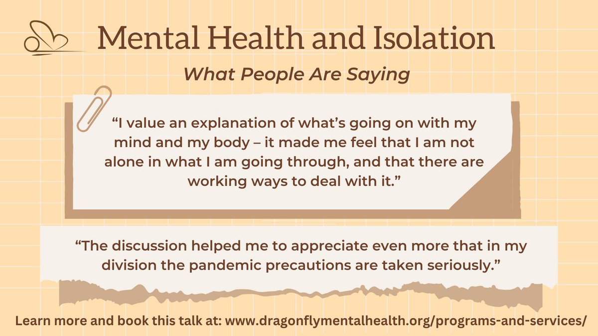 What people are saying about our discrete program  “Mental Health in Isolation”! 

Learn more and book this talk at: dragonflymentalhealth.org/programs-and-s…

#AcademicMentalHealth #MentalHealthMatters
