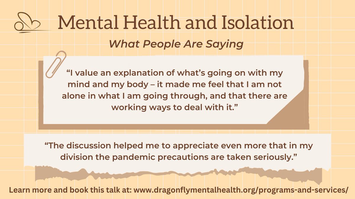 What people are saying about our discrete program “Mental Health in Isolation”! Learn more and book this talk at: dragonflymentalhealth.org/programs-and-s… #AcademicMentalHealth #MentalHealthMatters