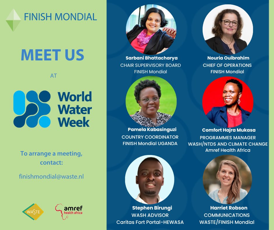 Meet our team at #WWWeek ! Keen to learn more about our work, exchange ideas or explore new collaborations? Get in touch! Email us at finishmondial@waste.nl to arrange a meeting or come and see us at the Dutch Pavilion, 23rd of August, at 11am. #SDG6 #sanitation #WASH