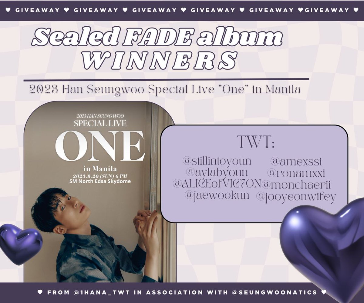 🔥 Thank you so much for joining HAN_A!

Please see attached photos for the album winners!

Albums will be shipped after the concert.
Thank you!
