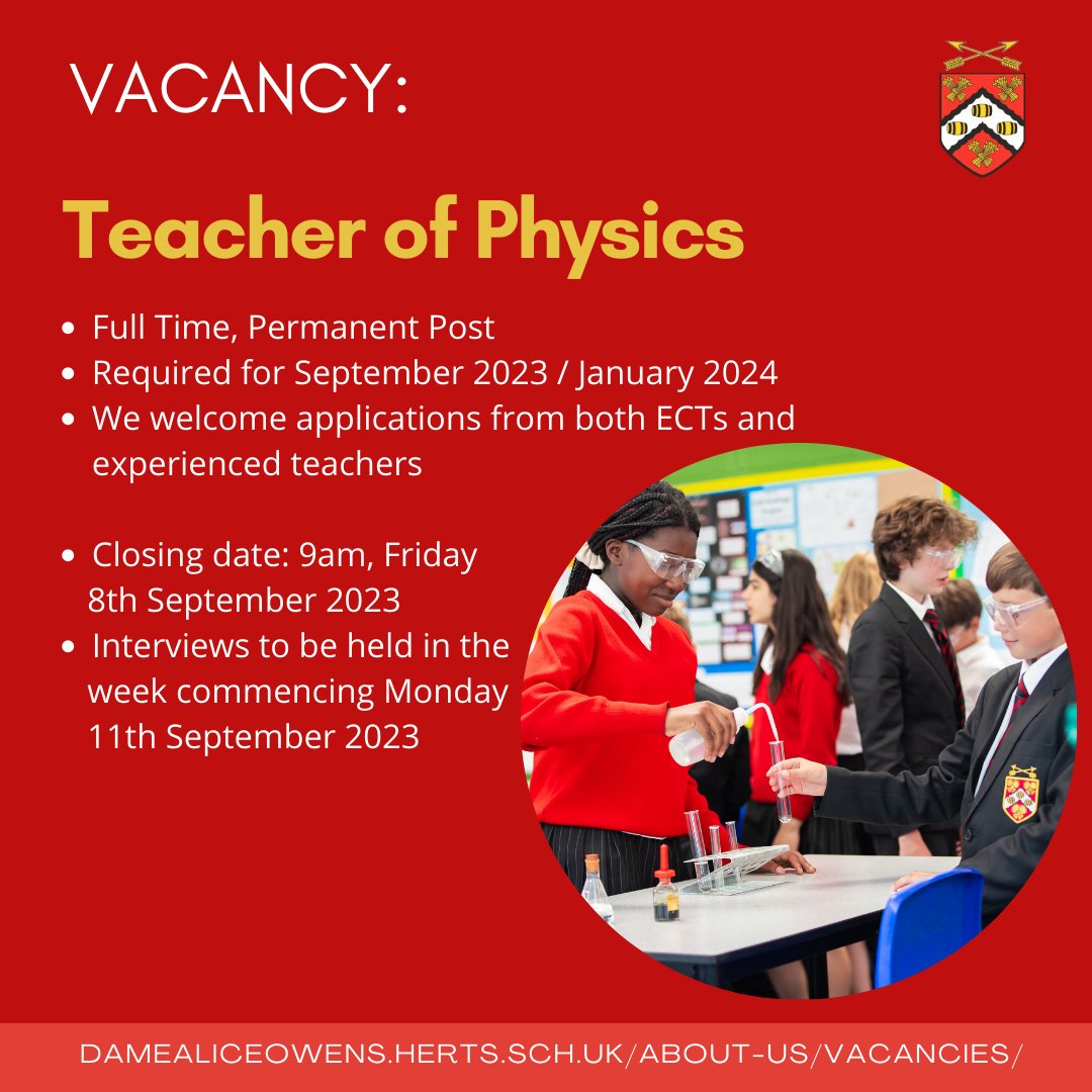 damealiceowens's tweet photo. Come and join our Science Department!

We have an exciting new vacancy for a Teacher of Physics.

For more details and information on how to apply, please visit our website - https://t.co/zPORCJHMuQ https://t.co/fUqpijOXCK