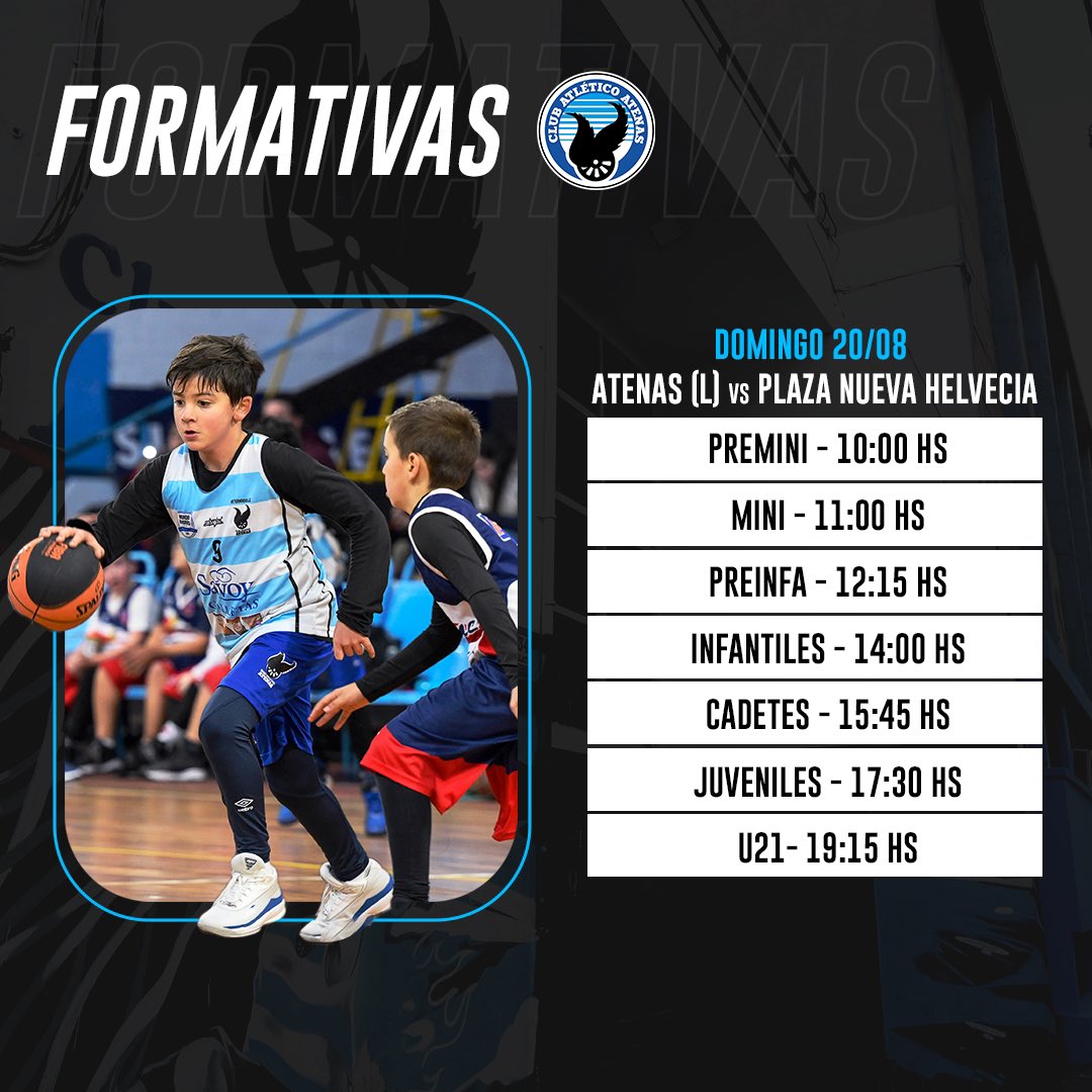 🔵⚪ ESTE DOMINGO JUEGAN LAS FORMATIVAS 🏀⛹🏻‍♂️

Atenas 🆚 Plaza Nueva Helvecia 
🗓️ Domingo 20/08
📍Cancha Atenas

🕑 Premini 10:00 hs
🕑 Mini 11:00 hs
🕑 Preinfa 12:15 hs
🕑 Infantiles 14:00 hs
🕑 Cadetes 15:45 hs
🕑 Juveniles 17:30 hs
🕑 U21 19:15 hs

➡️ Sigue