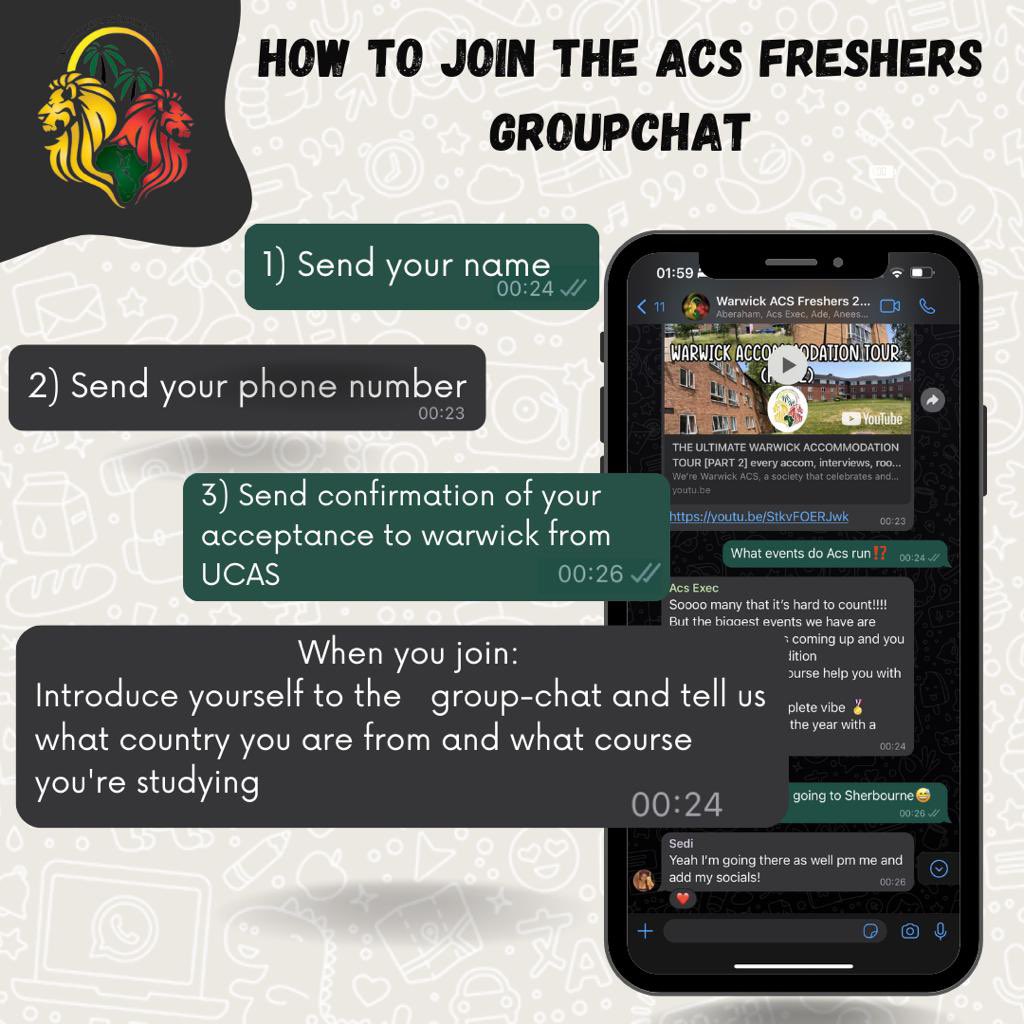 Did somebody say WARWICK FRESHERS GROUPCHAT⁉️

Join the ACS Freshers GC to 
• get advice from the execs
• make new friends 
• and find so much more 

Follow the steps in the post, and we’ll see you all very soon🙏🏾
You can message us on Instagram or on X “Twitter”