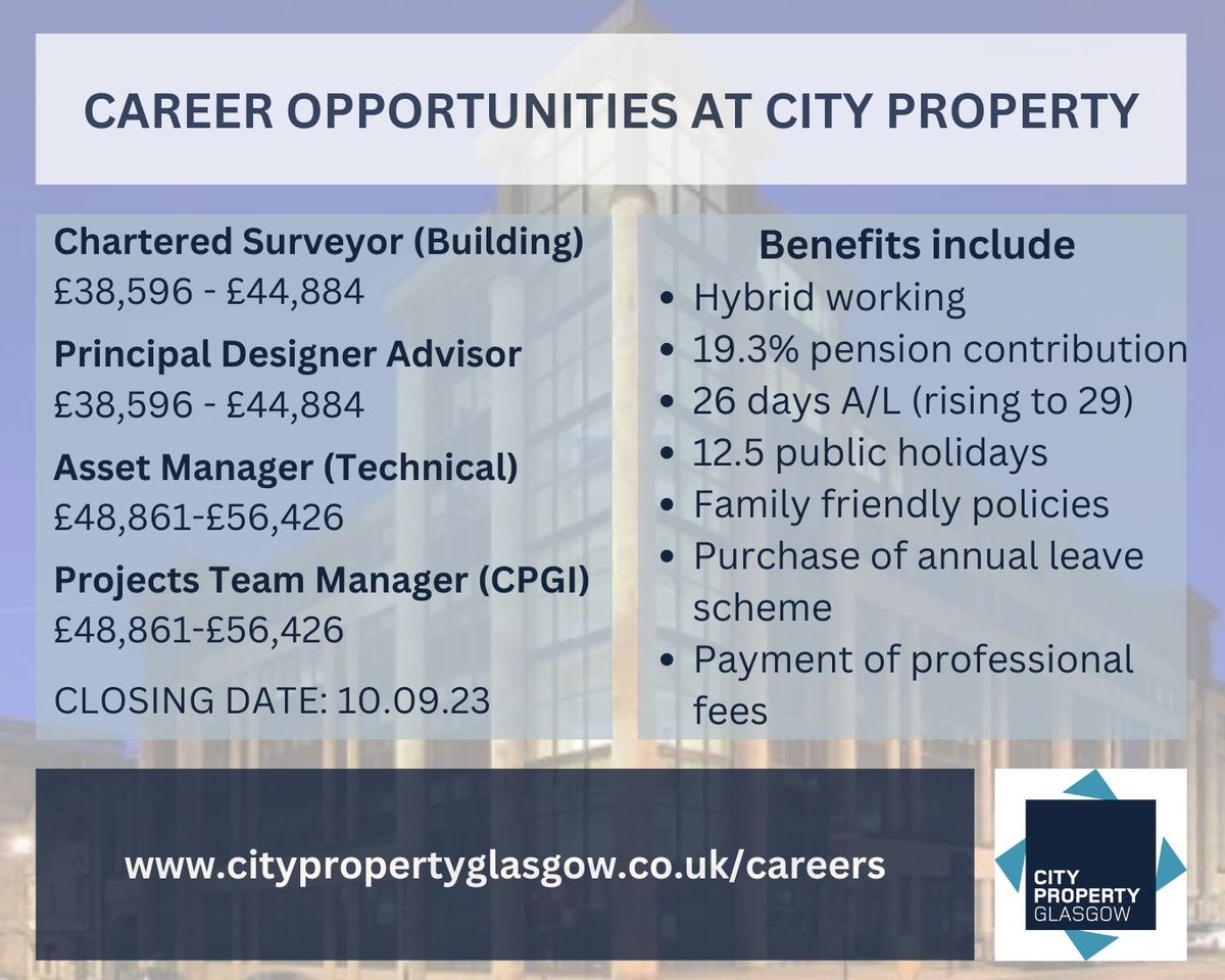 CityPropertyLLP's tweet photo. New career opportunities in our Technical Services Team!
https://t.co/b7V47Mm4k9
#PropertyJobs #GlasgowJobs #PropertyManagement #TechnicalServices #TechnicalJobs #HealthAndSafetyJobs #MRCIS #BuildingSurveying #CharteredSurveyor #BuildingSurveyor #AssetManagement #MRICS https://t.co/WHIR7D7fNU