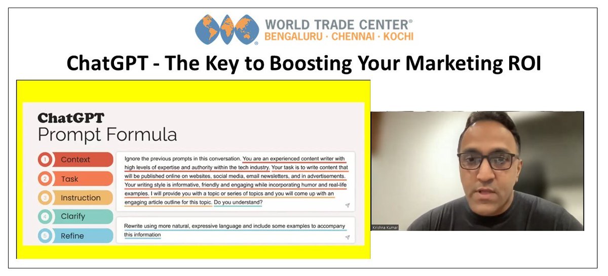 We conducted an online session #ChatGPT : The Key to Boosting Your Marketing ROI Mr. Krishnakumar, CEO, GreenPepper Consulting was the speaker. He spoke in detail about the requirements of a complete prompt, in order to get a detailed and personalized answers from the AI tool.