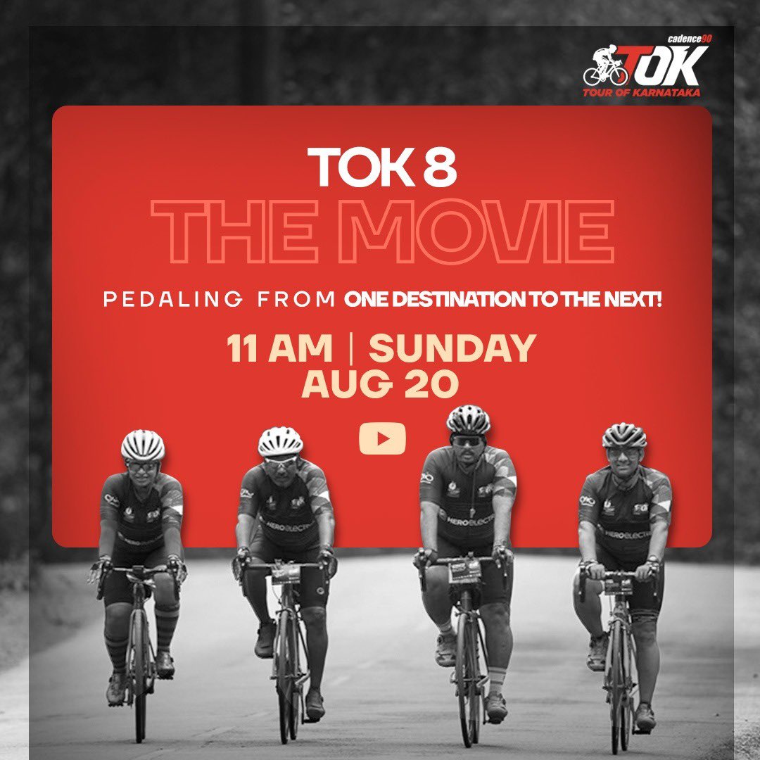 TourOfKarnataka's tweet photo. TOK 8 - the movie is LIVE!
The movie will be streaming on TOK's official YouTube channel this Sunday, Aug 20 at 11 AM. Watch how our riders embark on a journey full of twists and turns. https://t.co/hfrose0OC8
.
.
#TourofKarnataka #TOK8 #TOK8TheMovie #Cadence90 #Youtube https://t.co/150wxnhu5u