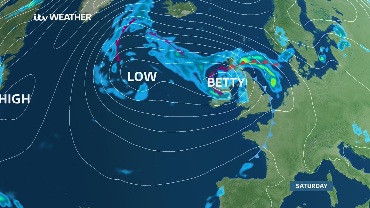 The second named storm of this year's storm season named by @MetEireann #StormBetty Expected to bring a swathe of very strong and gusty winds to the Isles of Scilly early Friday evening, quickly transferring north across many western parts of the UK overnight and into Saturday