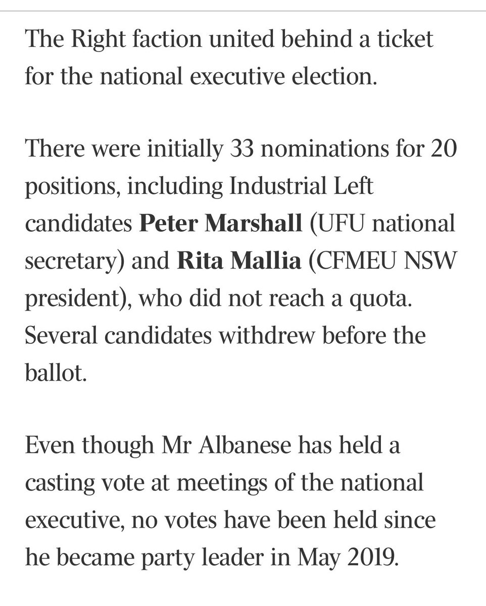 Ewin Hannan (@ewinhannan) on Twitter photo Laborās national executive will remain evenly split between Right and Left factions, holding 10 seats each, with Prime Minister Anthony Albanese maintaining his ex-officio casting vote as party leader. Peter Marshall failed in his bid. By <a href="/TroyBramston/">Troy Bramston</a> theaustralian.com.au/nation/politic⦠Laborās national executive will remain evenly split between Right and Left factions, holding 10 seats each, with Prime Minister Anthony Albanese maintaining his ex-officio casting vote as party leader. Peter Marshall failed in his bid. By <a href="/TroyBramston/">Troy Bramston</a> theaustralian.com.au/nation/politicā¦